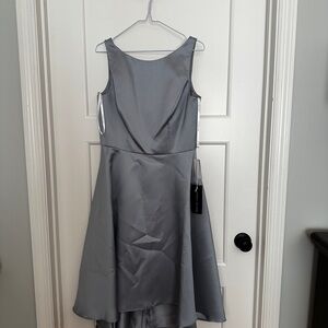 Alfred Sung Bateau Neck Satin Twill High/Low Cocktail Dress, Platinum, Size 10